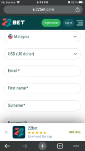 22BET register screenshot